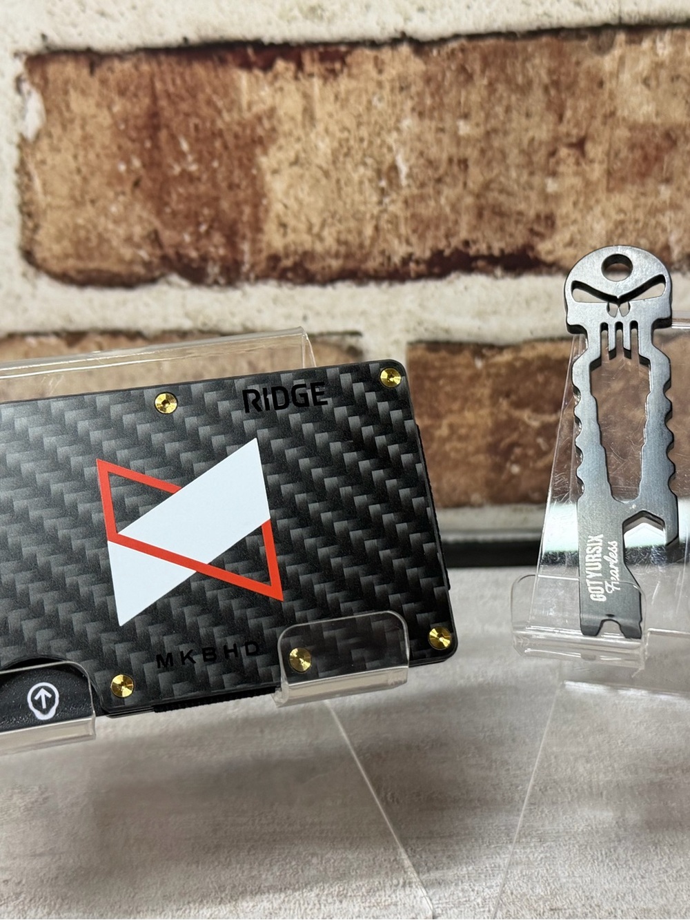 RIDGE WALLET | CARBON FIBER 3K w/GLD PVD SCREWS+BLK FEARLESS KEYCHAIN MULTI-TOOL